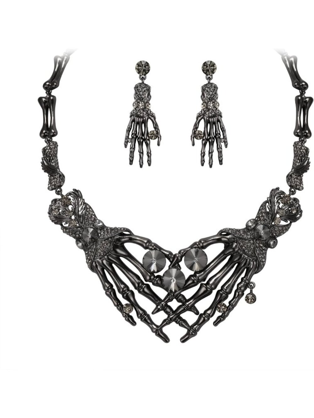 Women's Gray Black Tone Halloween Skeleton Hand Skull Crystal Austrian Necklace